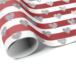 Heart Silver Grey Metallic Stripes Lines Red White Cadeaupapier