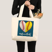 Heart Softball Baseball Mam van beide Moederdag Grote Tote Bag (Voorkant (product))