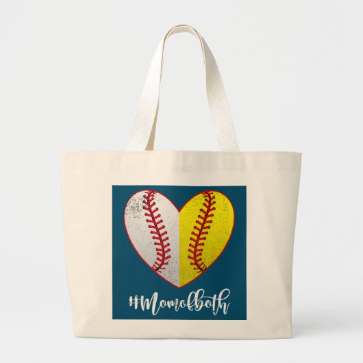 Heart Softball Baseball Mam van beide Moederdag Grote Tote Bag (Voorkant)