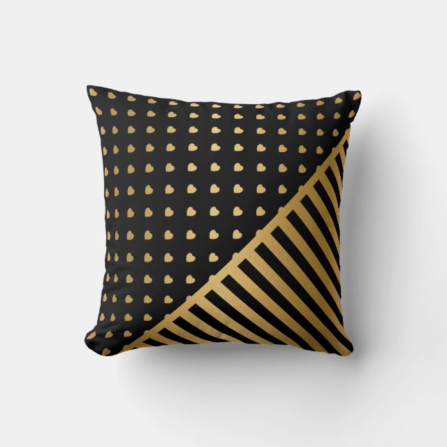HEART STRIPE GOLD BLACK CUSHION KUSSEN (Voorkant)