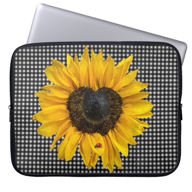 Heart Sunflower en Ladybug op Gingham Laptop Sleeve (Voorkant)