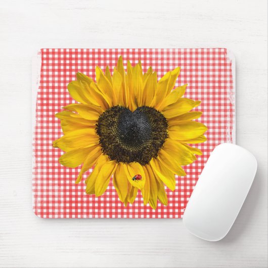 Heart Sunflower en Ladybug op Gingham Muismat (Met muis)