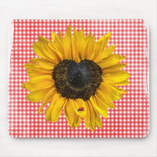 Heart Sunflower en Ladybug op Gingham Muismat (Voorkant)