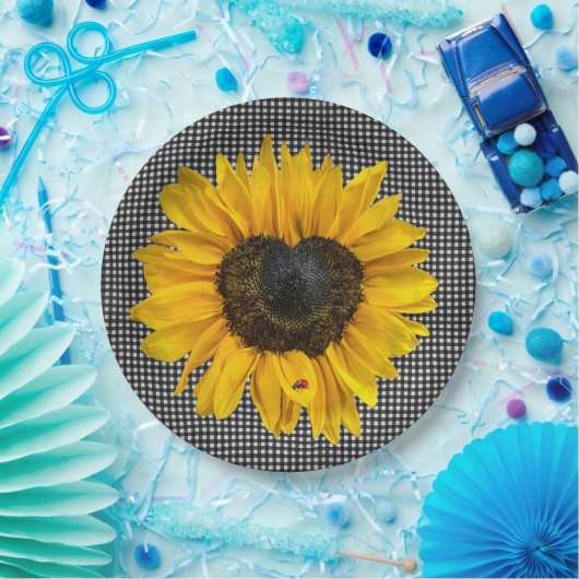 Heart Sunflower en Ladybug op Gingham Papieren Bordje (Feest)