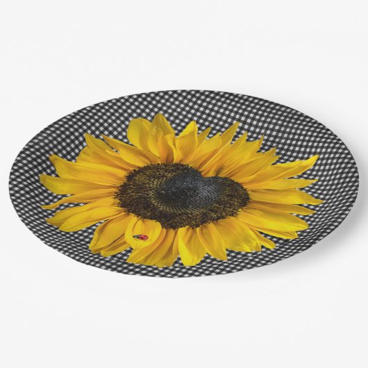 Heart Sunflower en Ladybug op Gingham Papieren Bordje (Gekanteld)