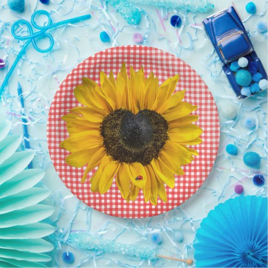 Heart Sunflower en Ladybug op Gingham Papieren Bordje (Feest)