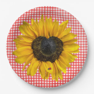 Heart Sunflower en Ladybug op Gingham Papieren Bordje