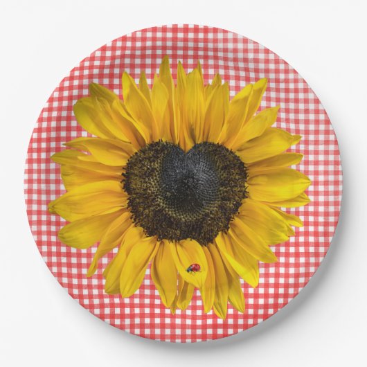 Heart Sunflower en Ladybug op Gingham Papieren Bordje (Voorkant)