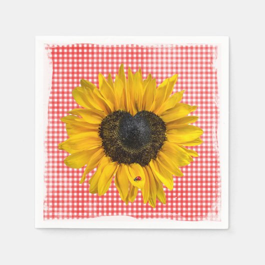 Heart Sunflower en Ladybug op Gingham Servet (Voorkant)