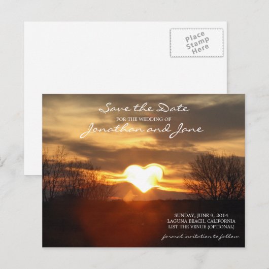 Heart Sunset Wedding Romantisch Save the Date Aankondigingskaart (Voorkant / Achterkant)