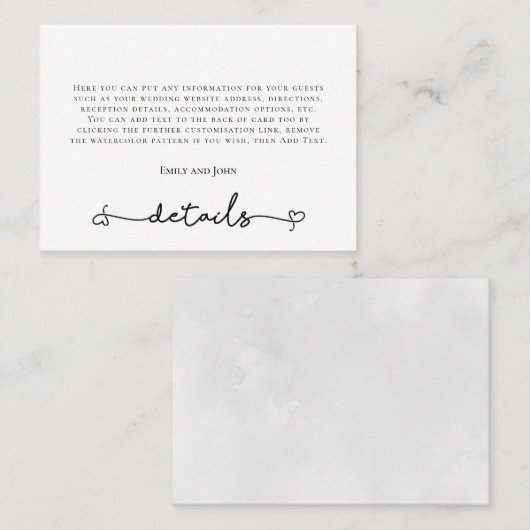 Heart Swash Black Typography Weddenschap Details Informatiekaartje (Voorkant / Achterkant)