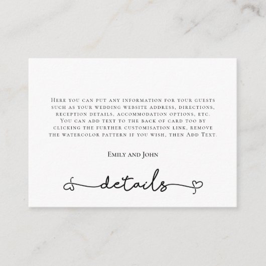 Heart Swash Black Typography Weddenschap Details Informatiekaartje (Voorkant)