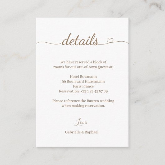 Heart Swash Gold White Grey Wedding Hotel Detail Informatiekaartje (Voorkant)