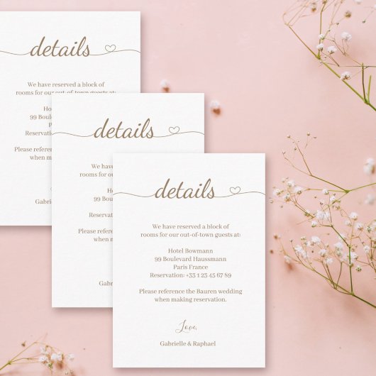 Heart Swash Gold White Grey Wedding Hotel Detail Informatiekaartje