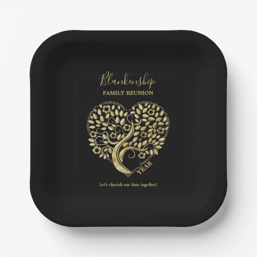 Heart Tree Family Reunion Black Gold Papieren Bordje (Voorkant)