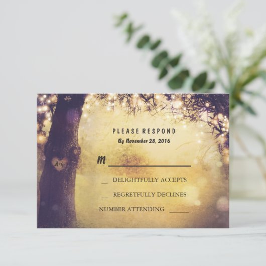 Heart Tree Lights Wedding RSVP Kaart (Staand voorkant)