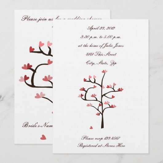 Heart Tree Wedding Shower-uitnodiging Kaart (Voorkant / Achterkant)