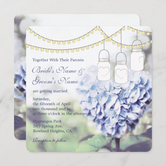 Heart-vormige Blue Hydrangea Mason Jar Wedding Kaart (Voorkant / Achterkant)