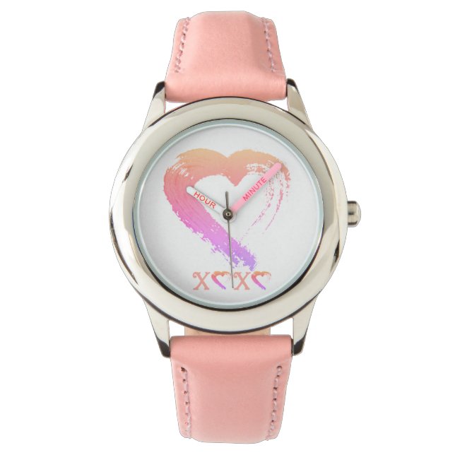 Heart Watch Kind RVS Roze Leder Horloge (Voorkant)