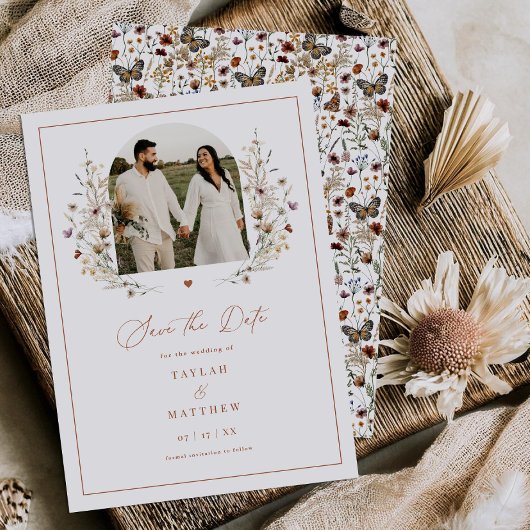 Heart Wildflower Bewaar de datum Boho Photo Card Save The Date