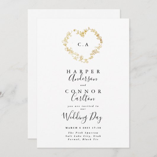 Heart Wreath Monogram Wedding Kaart (Voorkant / Achterkant)