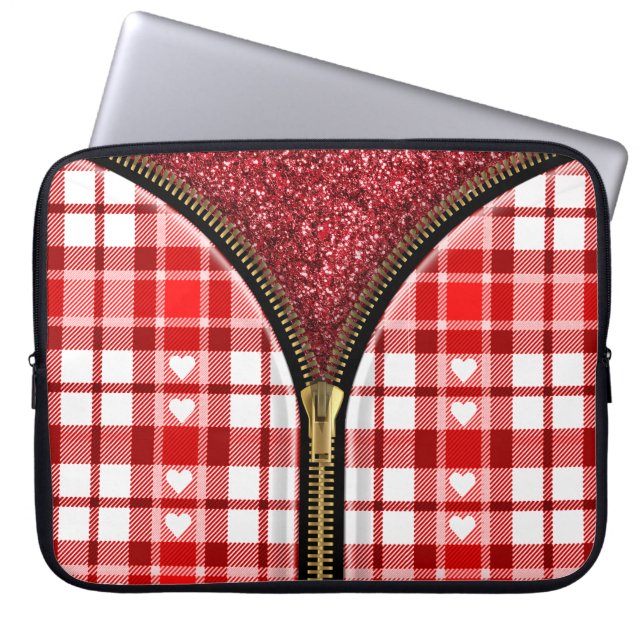 Heart Zipper Laptop Bag – Rode glitter aan de binn Laptop Sleeve (Voorkant)