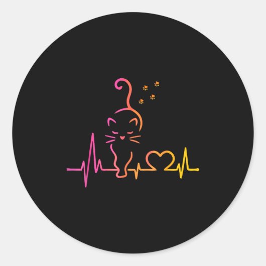 Heartbeat Cat Lover Animal Silhouette Cute Cat  Ronde Sticker (Voorkant)