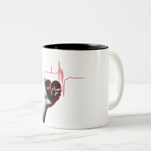 Heartbeat Love Design - Hand Holding Heart Tweekleurige Koffiemok (Voorkant rechts)