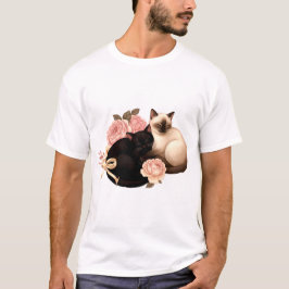 Heartbound: Siamese & Black Cats in Bloom T-shirt
