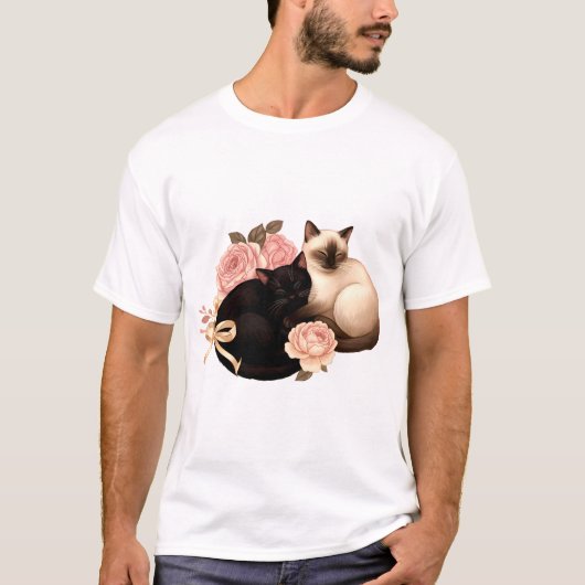 Heartbound: Siamese & Black Cats in Bloom T-shirt (Voorkant)
