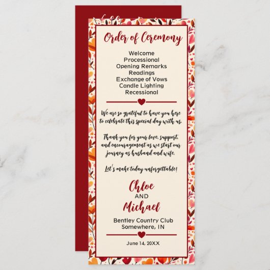 Heartfelt Blooms Wedding Program Programmakaart (Voorkant / Achterkant)