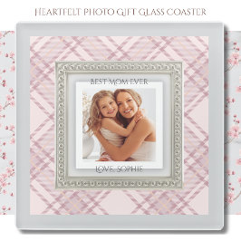 Heartfelt Soft Pink Best Mom Ever Plaid Photo Glazen Onderzetter
