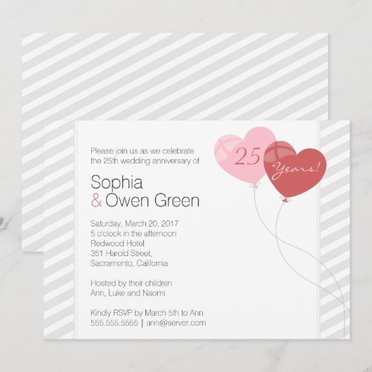 Hearts 25th Silver Wedding Jubileum Party Kaart (Voorkant / Achterkant)