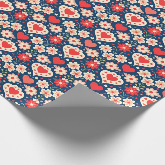 Hearts and Flowers Folk Pattern Valentine Cadeaupapier (Hoek)