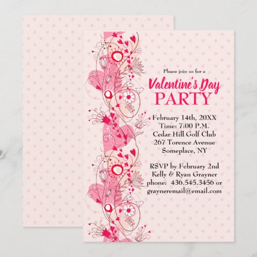 Hearts and Polka Dots Valentijn Party Invitation Kaart (Voorkant / Achterkant)