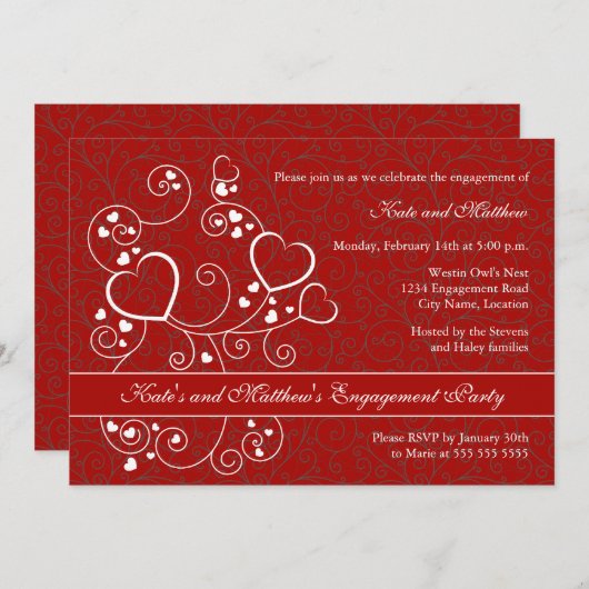 Hearts and Swirls Engagement Party Kaart (Voorkant / Achterkant)