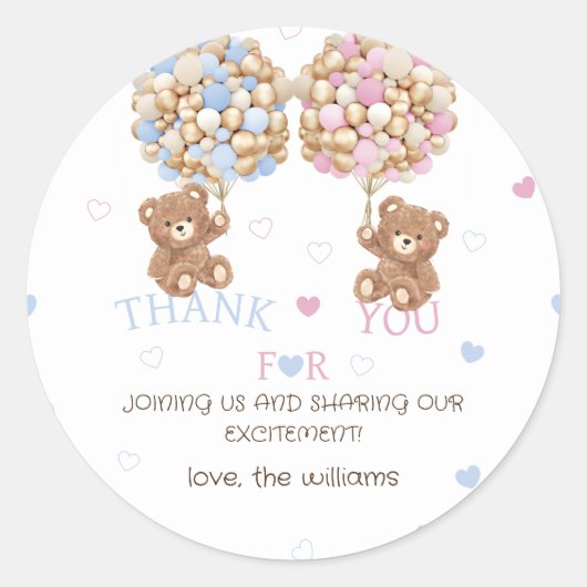 Hearts & Beren Gender Reveal Bedankt Ronde Sticker (Voorkant)