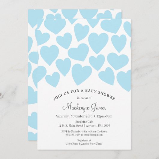 Hearts Boy Baby shower Uitnodiging Blauw (Voorkant / Achterkant)