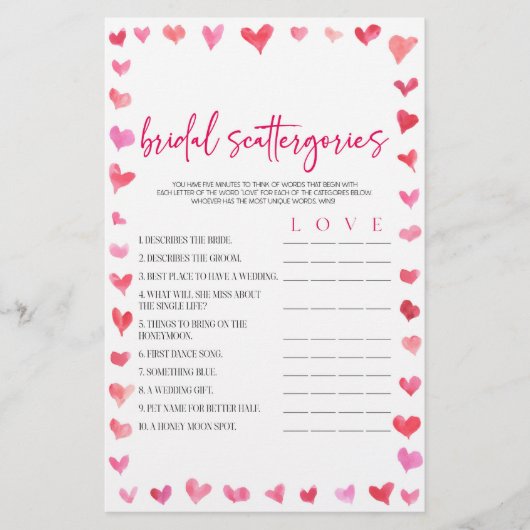 Hearts Bridal Scattergories Bridal Shower Game  Briefpapier (Voorkant)