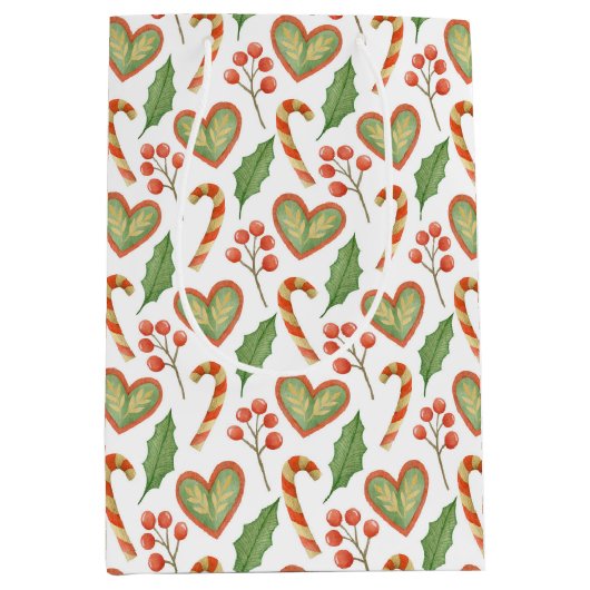 Hearts Candy Cane Holly Pattern Kerstmis Medium Cadeauzakje (Voorkant)