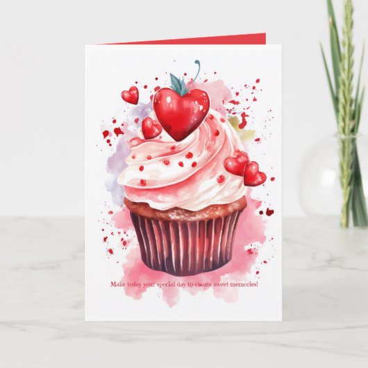 Hearts Cherry Waterverf Cupcake Valentijn Kaart (Voorkant)