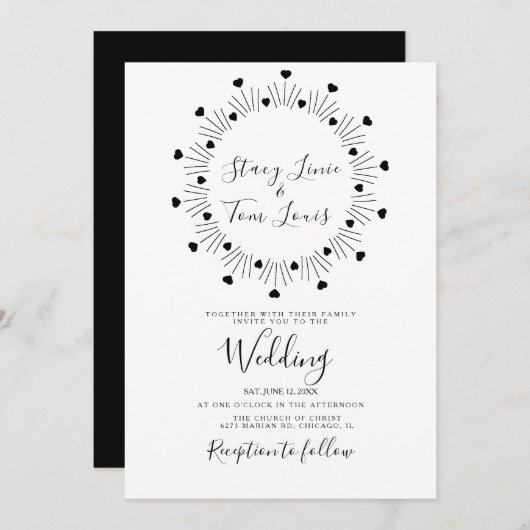 Hearts Circular Black Hand Drawn Lijst Wedding Kaart (Voorkant / Achterkant)