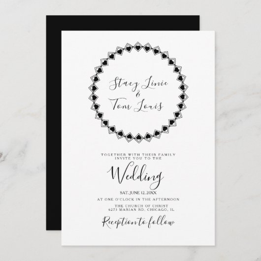 Hearts Circular Lijst Black Geometrical Wedding Kaart (Voorkant / Achterkant)