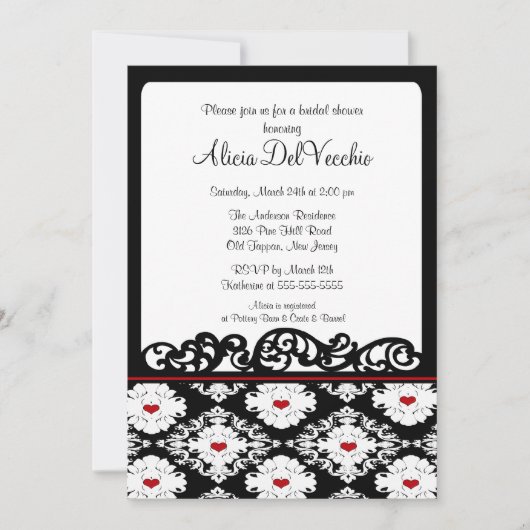 Hearts Damask Bridal Shower Invitation Kaart (Voorkant)