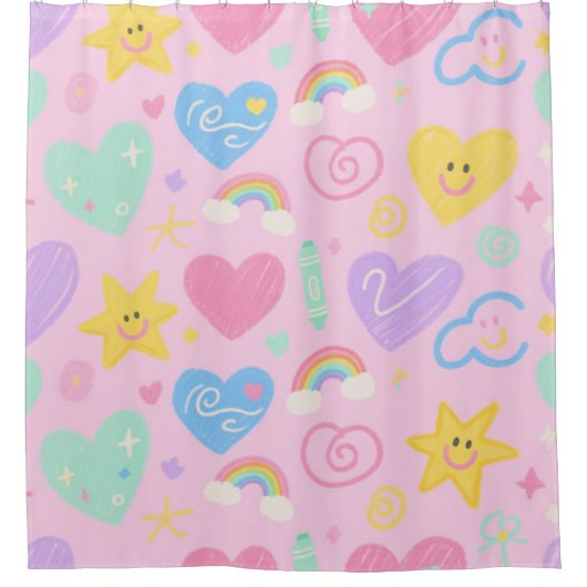 Hearts & Doodles Douchegordijn – Pastel Pop (Voorkant)