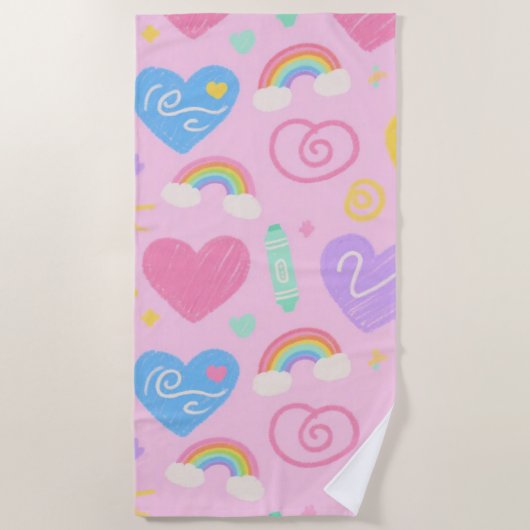 Hearts & Doodles Handdoek – Kidcore Pastel Style (Voorkant)