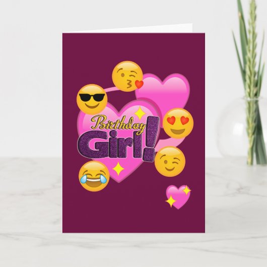Hearts & Emoji's Verjaardagsmeisje Kaart (Voorkant)