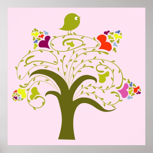 Hearts en Birdie op een schattige boom poster prin (Voorkant)
