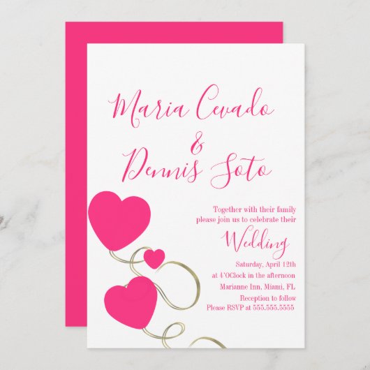 Hearts en Zwemelen Manuscript Roze Gouden Weddensc Kaart (Voorkant / Achterkant)