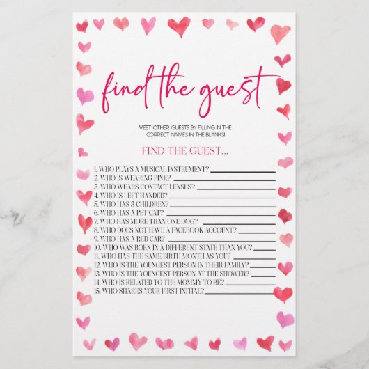 Hearts Find The Guest Bridal Shower Game Briefpapier (Voorkant)